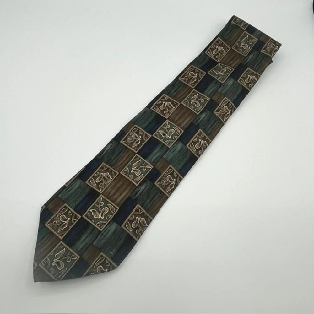 Guy Laroche Diffusion Mens Silk Tie Geometric Paisley Patchwork Blue Green Brown